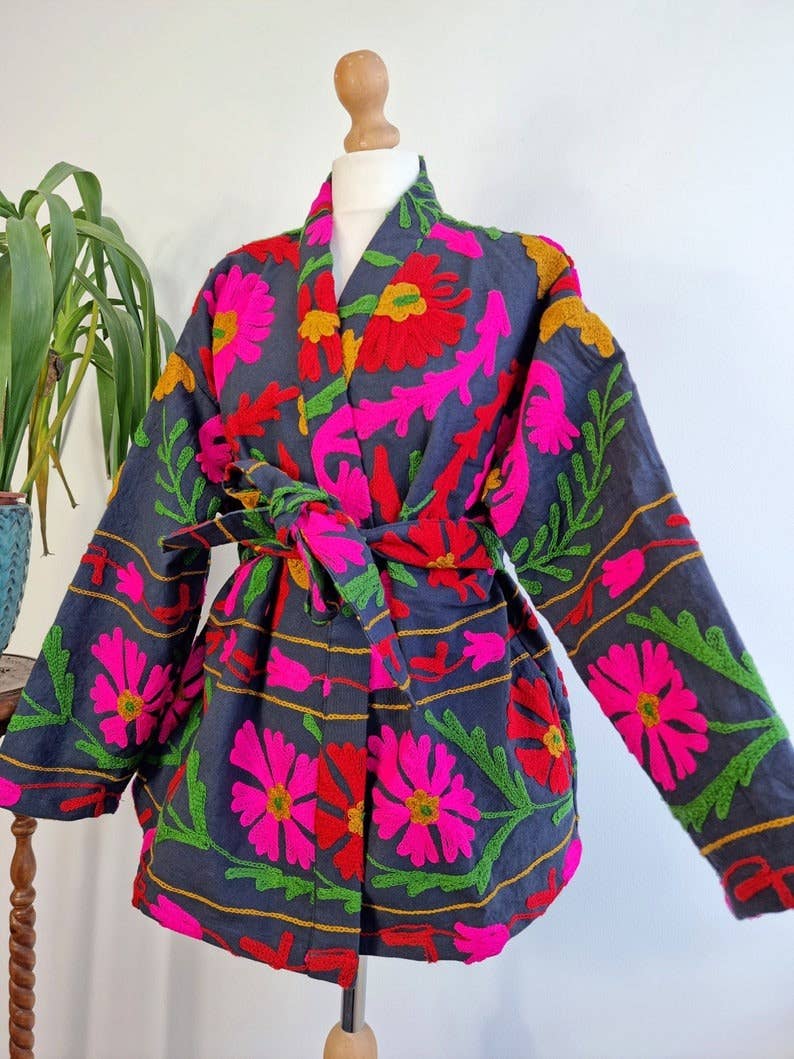 Essential Designs London – wholesale Jacket – Women's – Suzani Hand Embroidered Short Jacket | Autumn Winter Boho Uzbek Kashmir Crewel | Luxe Special Gift | Classic Elegant Black Pink Red Green |4