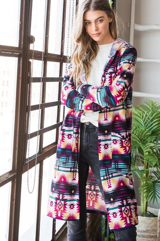 EJ6708-10 HOOD MULTI COLOR AZTEC SHACKET WITH POCKET for wholesale on Faire2