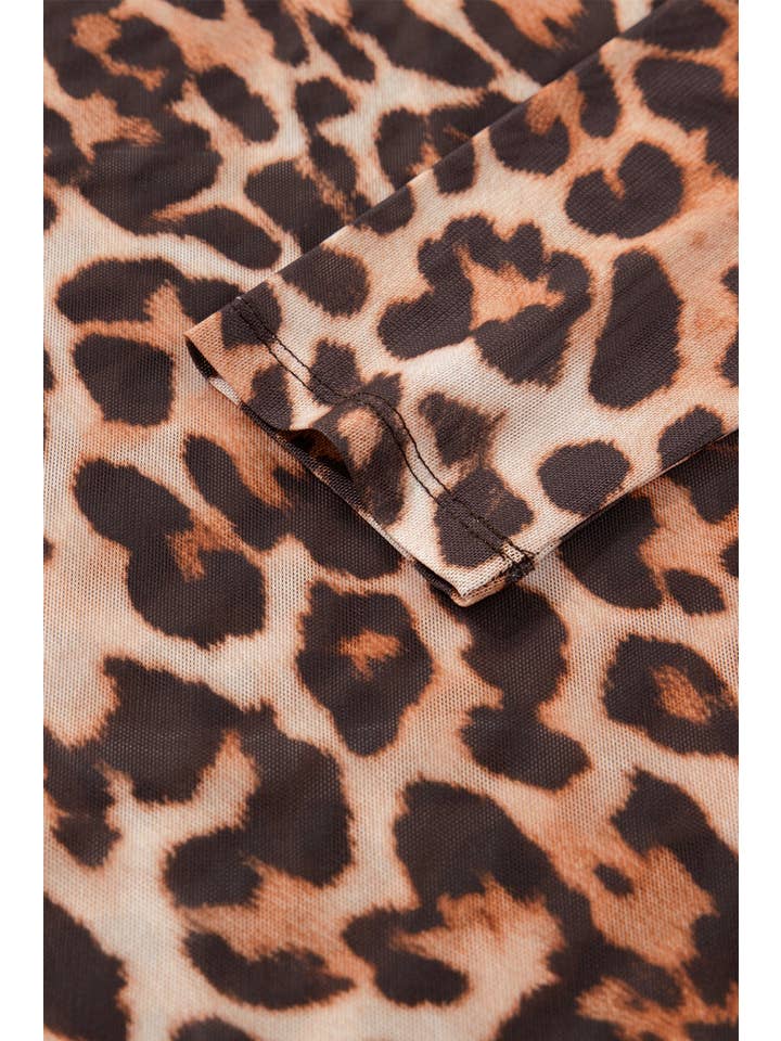 Brown Leopard Mesh Mock Neck Long Sleeve Top for wholesale on Faire3