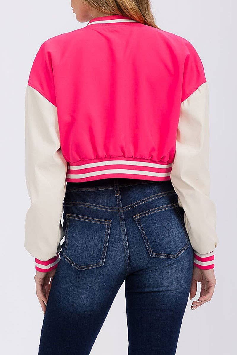 ROUSSEAU - Wholesale Varsity/Baseball Jacket - Women's - PLEATHER SLEEVE BUTTON CLOSURE VARSITY JACKET2