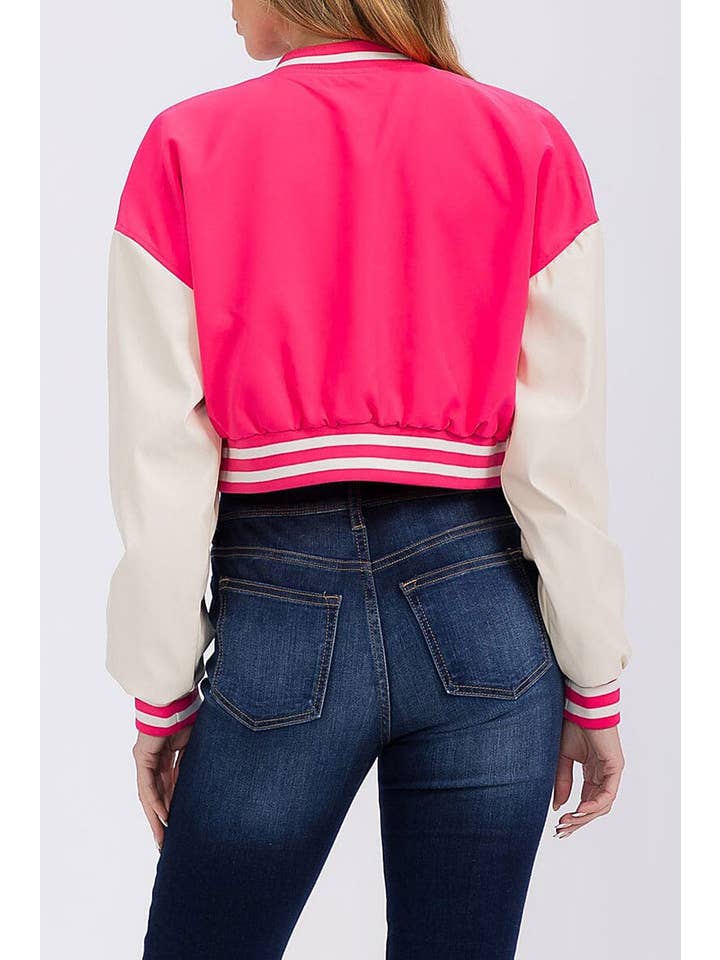 ROUSSEAU - Wholesale Varsity/Baseball Jacket - Women's - PLEATHER SLEEVE BUTTON CLOSURE VARSITY JACKET2