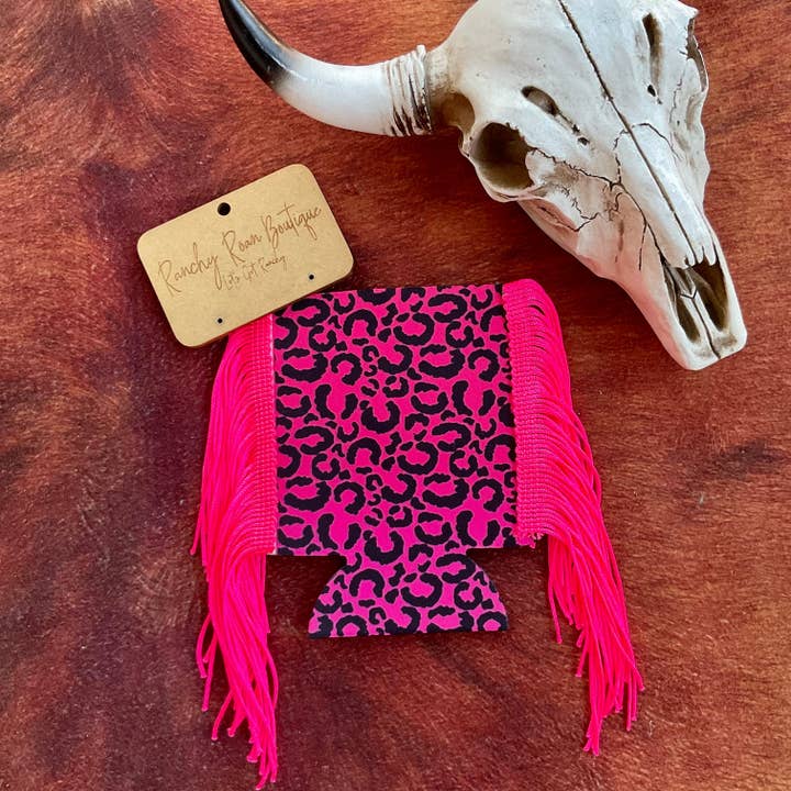 Rosa Ombré Fringe Koozie mit Leopardenmuster für den Großhandel von Ranchy Roan Boutique
