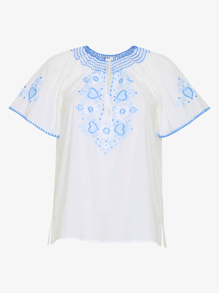 Haut en coton brodé Love | Bleu pour la vente par Nieves Lavi