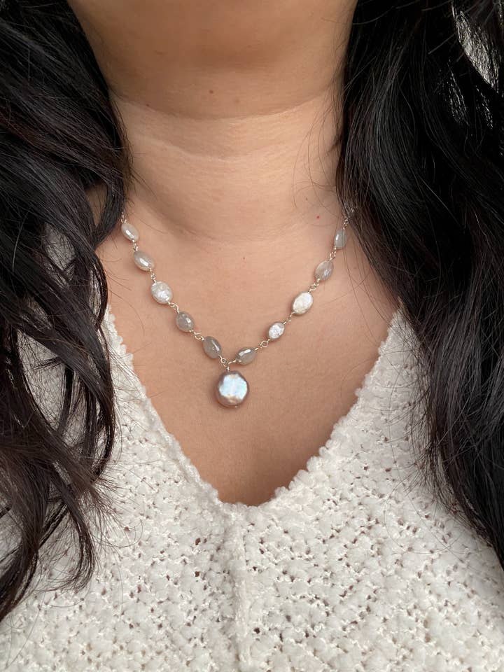 Wire Wrapped Moonstone Necklace with Freshwater Pearl Drop - Sterling Silver or 14k Gold Filled for wholesale by Pyrite and Pearls
