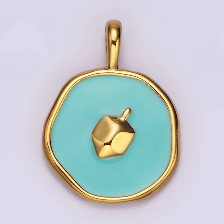 14K Gold Filled Teal Dreidel Charm Enamel Stamped Hannukah Jewelry Round Pendant | AA1094 for wholesale by Aim Eternal