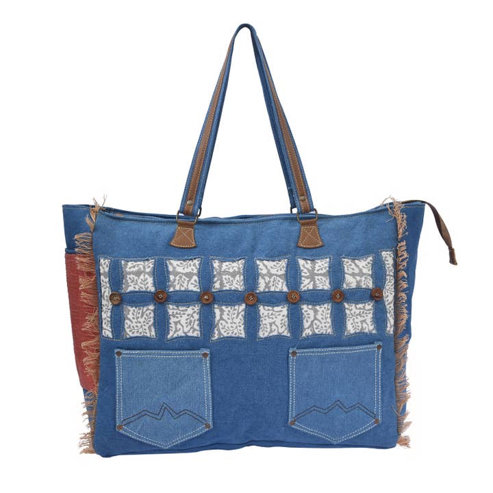 Upcycled Canvas & Leather Women Btur Weekender Bag for wholesale by Hopofly Bags