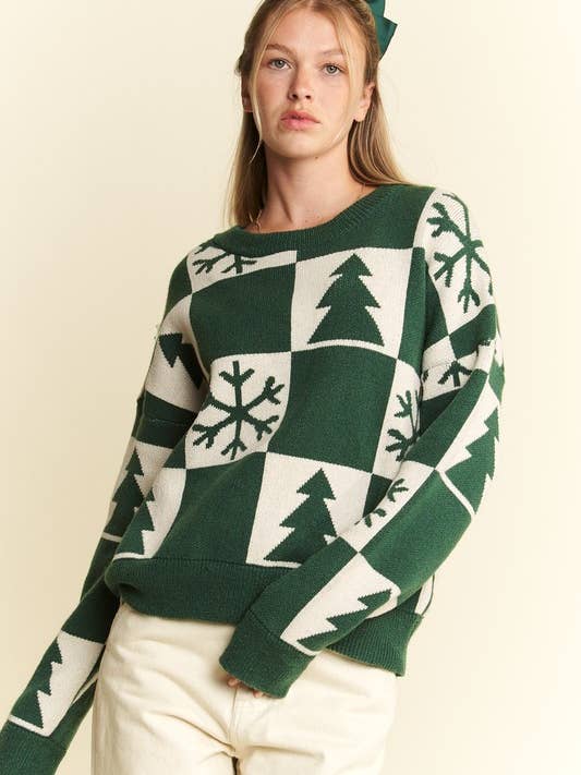 JADE BY JANE - Wholesale Knit Sweater - Women's - PLUS SIZE CHECKERD CHRISTMAS SWEATER TOP