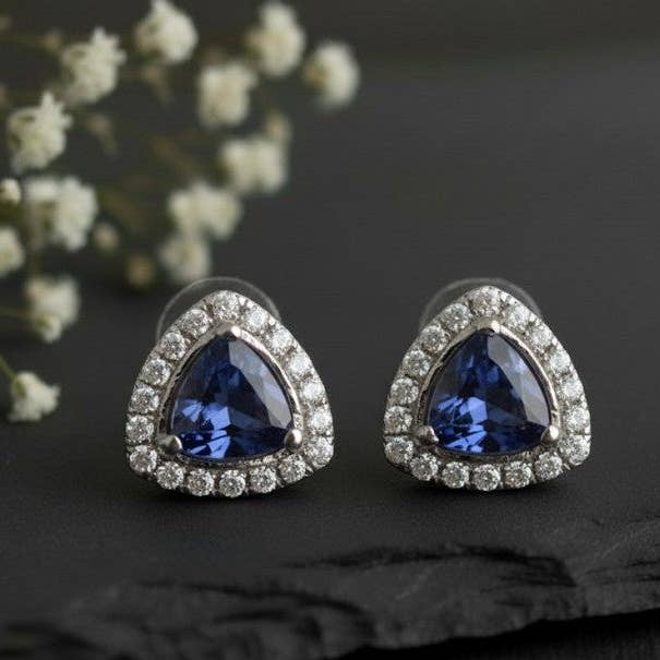Regal Twilight Studs: Natural Tanzanite & Dazzling Moissanite Halo Earrings for wholesale by Princejewelshub