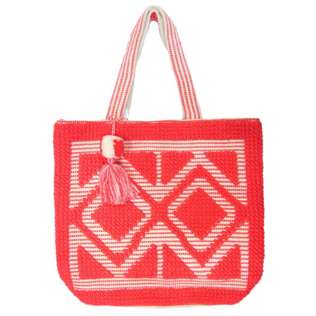 Fashion City - Vente Tote bag – femme - Sac cabas bohème tissé avec pompons et franges20