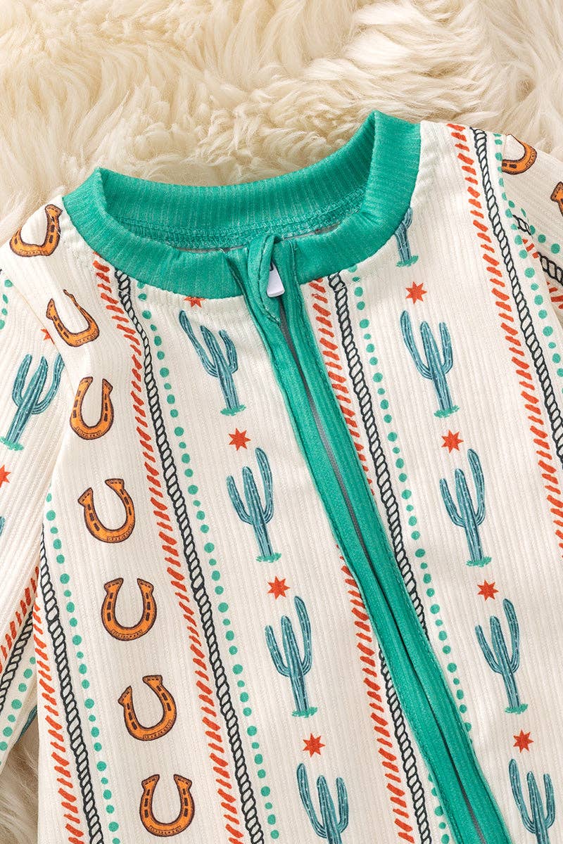 Kids Charm Online - Wholesale Jumpsuit - Baby - Horseshoe & Cactus printed teal trim baby bodysuit. RPB507301