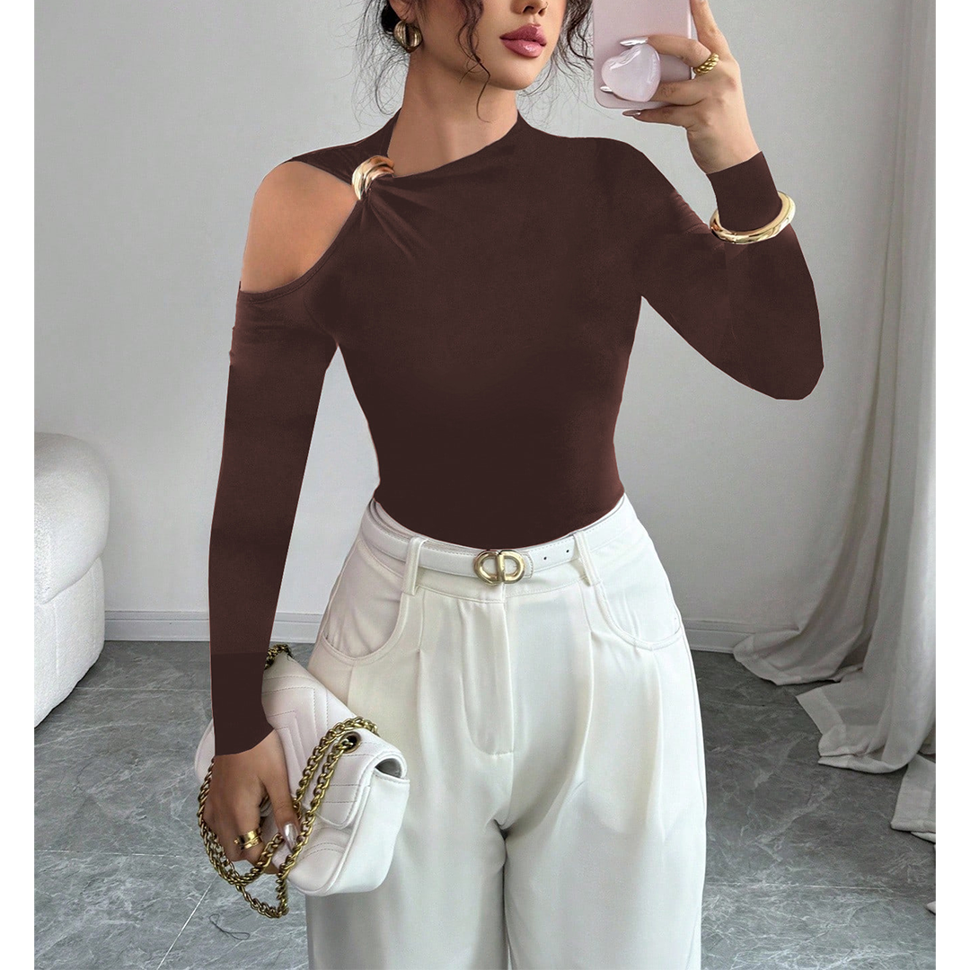 UNISHE - Wholesale Blouse - Women's - Asymmetrical Neck One-Shoulder Metal Decor Fitted Top ZK36714