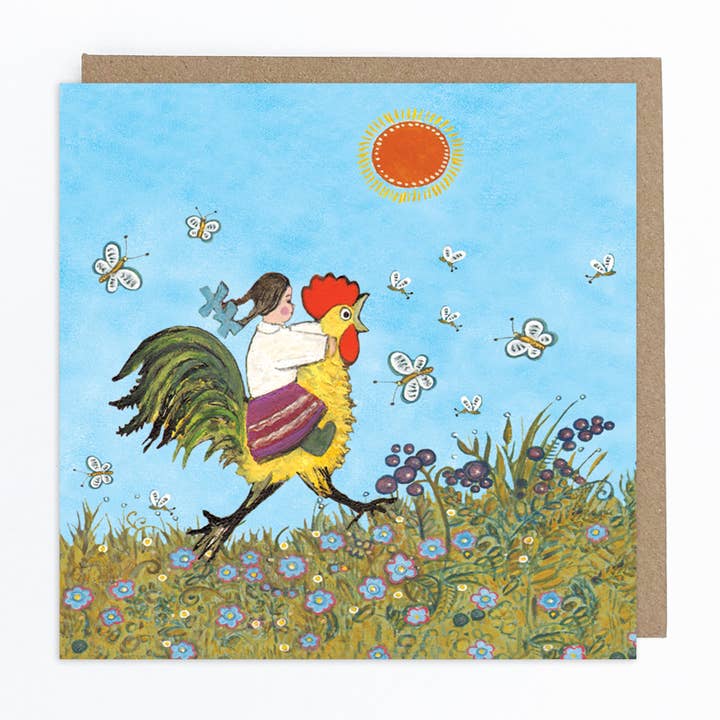 Riding a Chicken Greeting Card for wholesale by Kapelki Art
