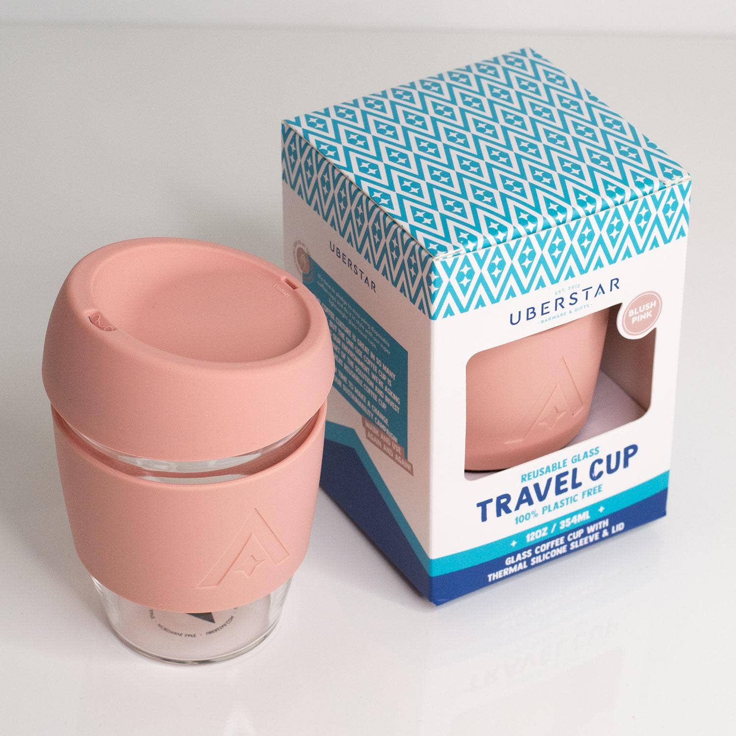 UBERSTAR – wholesale Insulated mug/tumbler – Reusable Glass Travel Coffee Cup - 12oz Blush Pink6