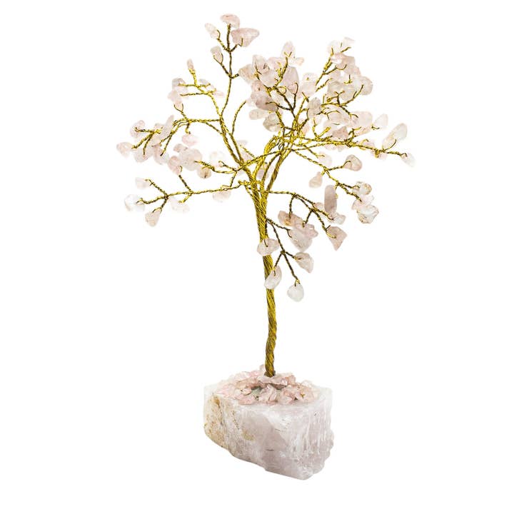 Rose Quartz Gemstone Trees with Stone Base Gold Trunk for wholesale by Quasar Gems USA