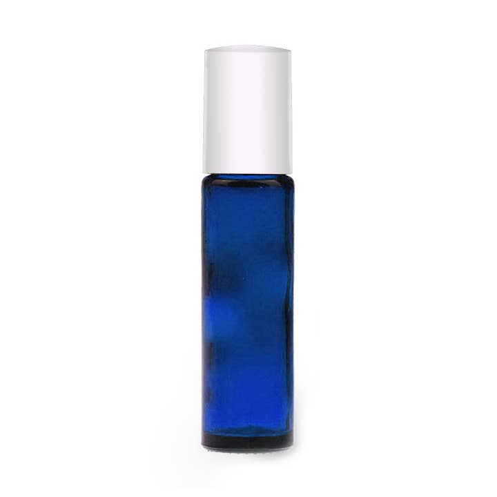 9ml Empty Blue Glass Roller Bottle With White Cap for wholesale by Buckley & Phillips Aromatics