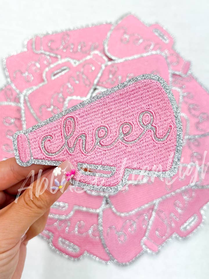 SILVER glitter pink cheer megaphone hat patches iron on for wholesale by ABLNco