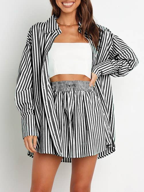 Rosa Clothing - Wholesale Top & Short Set (NOT Loungewear) - Women's - classic striped long sleeve shirt & short set holiday dressy11