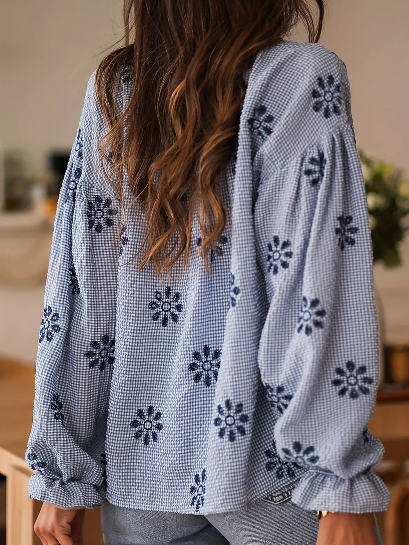 Blue Chic Elegant Floral Embroider Button Front Blouse for wholesale on Faire3