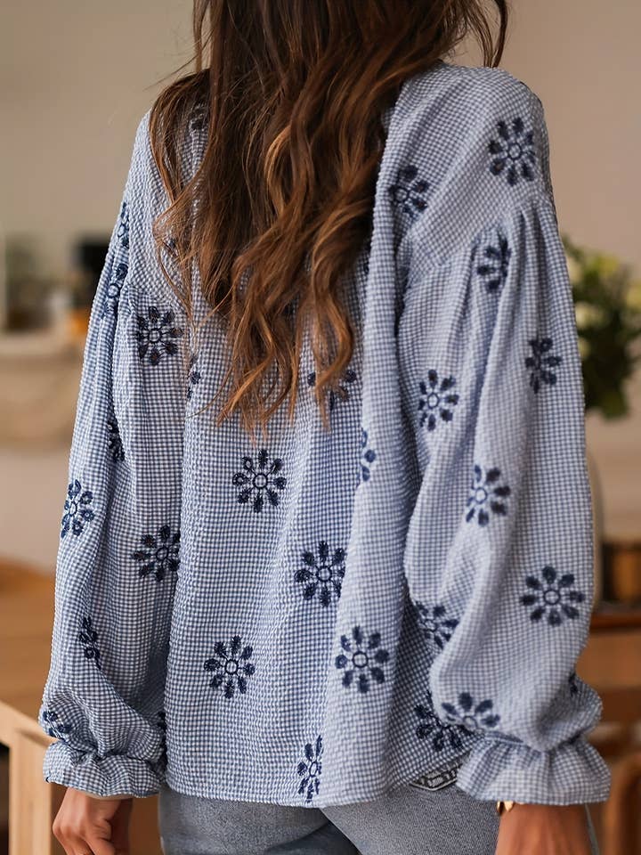 Blue Chic Elegant Floral Embroider Button Front Blouse for wholesale on Faire3