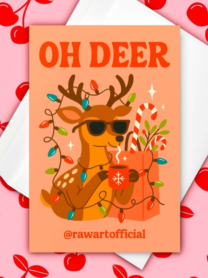 Oh Cerf Carte de Noël · Carte de Vœux de Renne Amusante · Carte de Noël Rétro avec Lumières et Cacao · Carte de Jeu de Mots Mignonne pour Amis pour la vente par Hot Mess Paper Co.