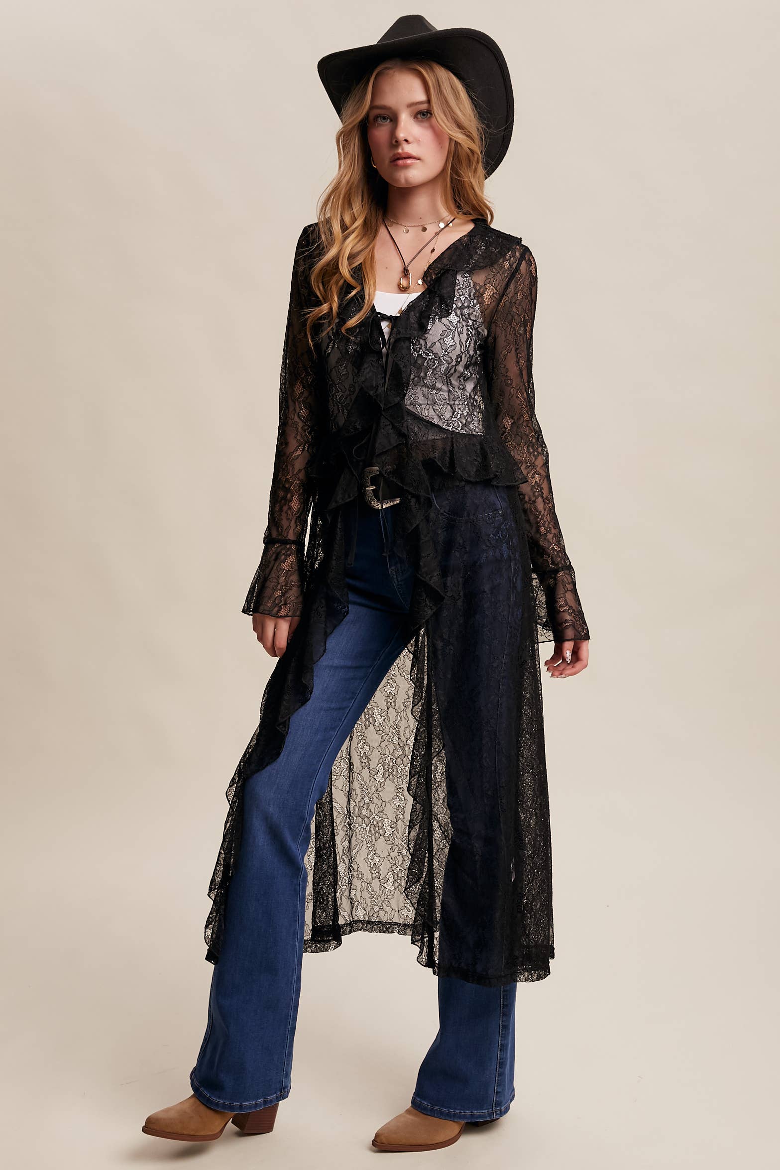 Listicle - Wholesale Kimono - Women's - Sheer Lace Ruffle Duster LJ025920