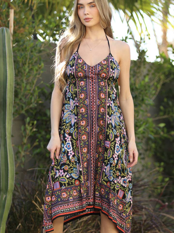 C4F39-A928 V NECK HALTER DRESS WITH HANKY HEM for wholesale by ANGIE