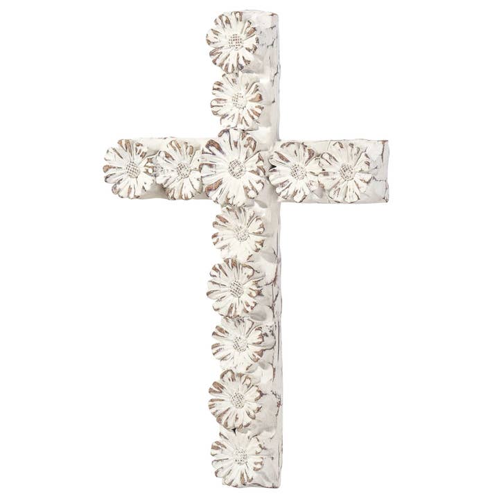 Dicksons - Wholesale Wall Cross - WHITE FLORAL RESIN WALL CROSS 10"2
