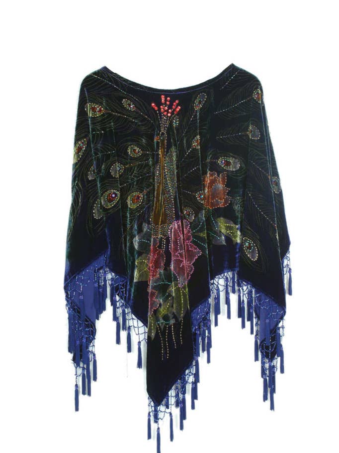 Western Fashion - Wholesale Poncho - Women's - 1725 - Velvet Peacock Poncho with beads, Black