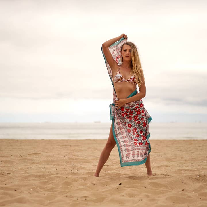 Boho-Eclectica - Wholesale Swim Cover Up - Women's - Block Print Cotton Sarong - Red Flower Print
