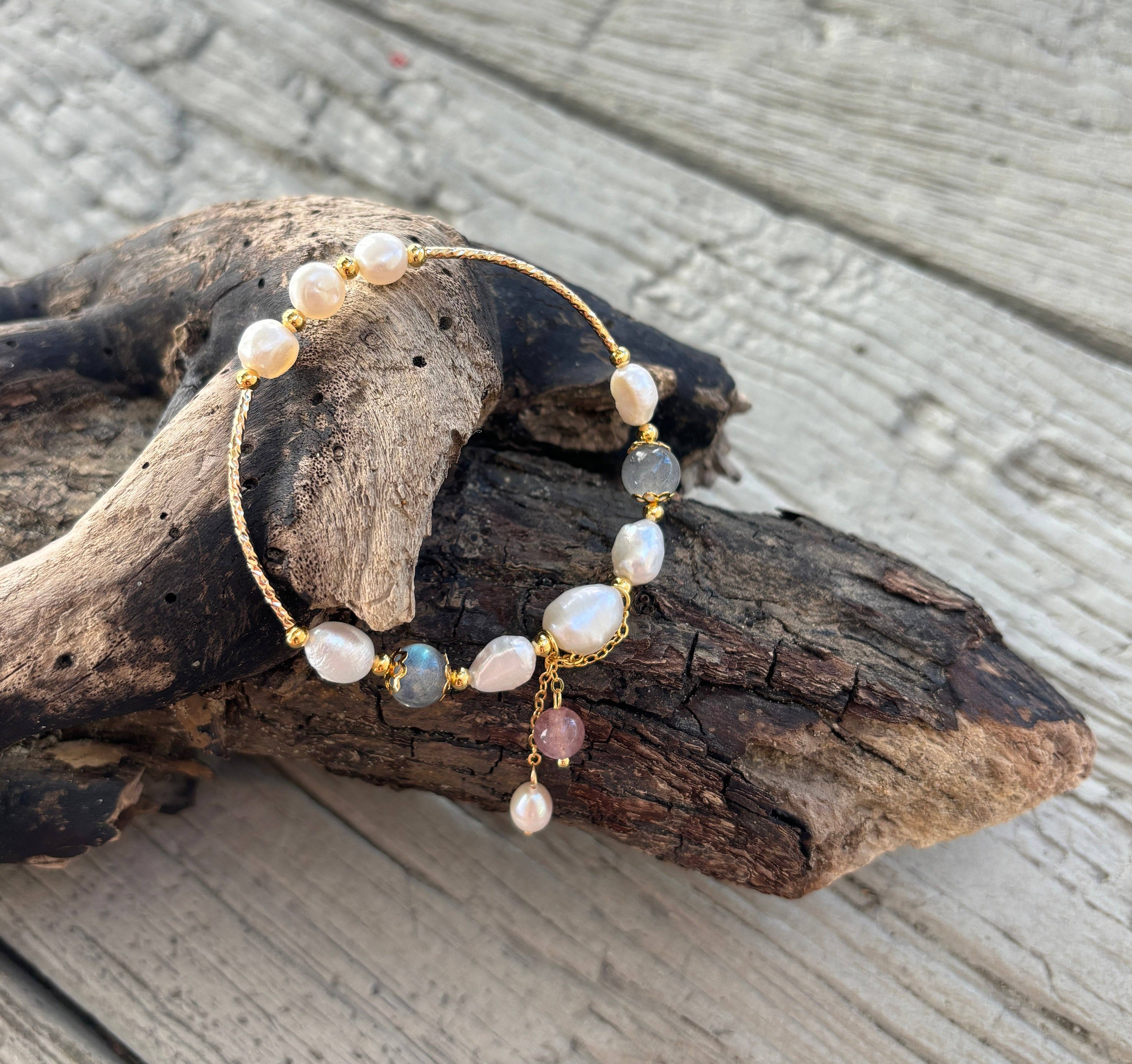 Ocean Ripples - Wholesale Beaded Bracelet - 14ct Gold Plated Fresh Water Pearl Moonstone Elastic Bracele2
