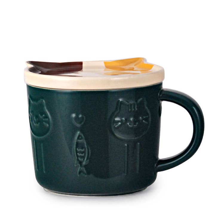 Fuji Merchandise Corporation - Wholesale Coffee Mug - MUG – GREEN CAT WITH CALICO LID