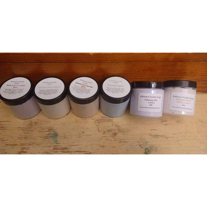 Handmade Lotions 4 oz. Jars for wholesale by Robinson Family Soaps LLC