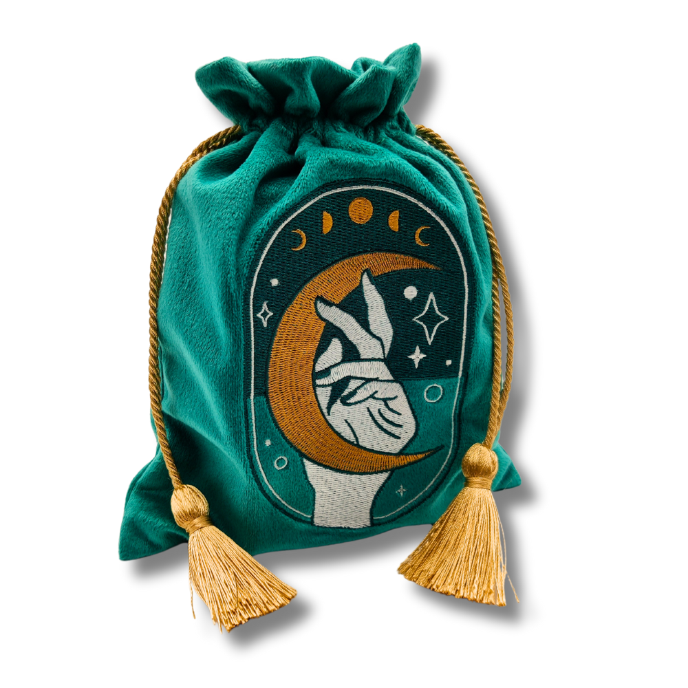 LA MUCI DESIGN - Vente Sac à cordon de serrage – unisexe - Pochette en velours vert pour tarot – Sac à cordon brodé4