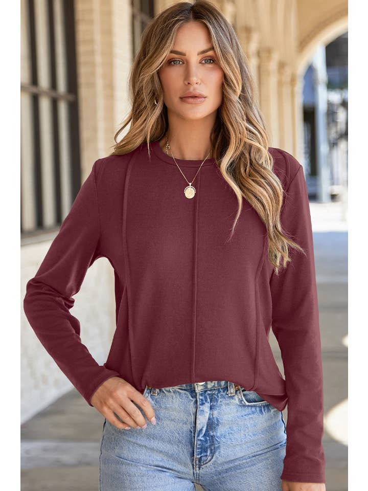 PRETTY BASH - Wholesale Knit Top - Women's - Solid Reverse Seam Crew Neck Long Sleeve Top37