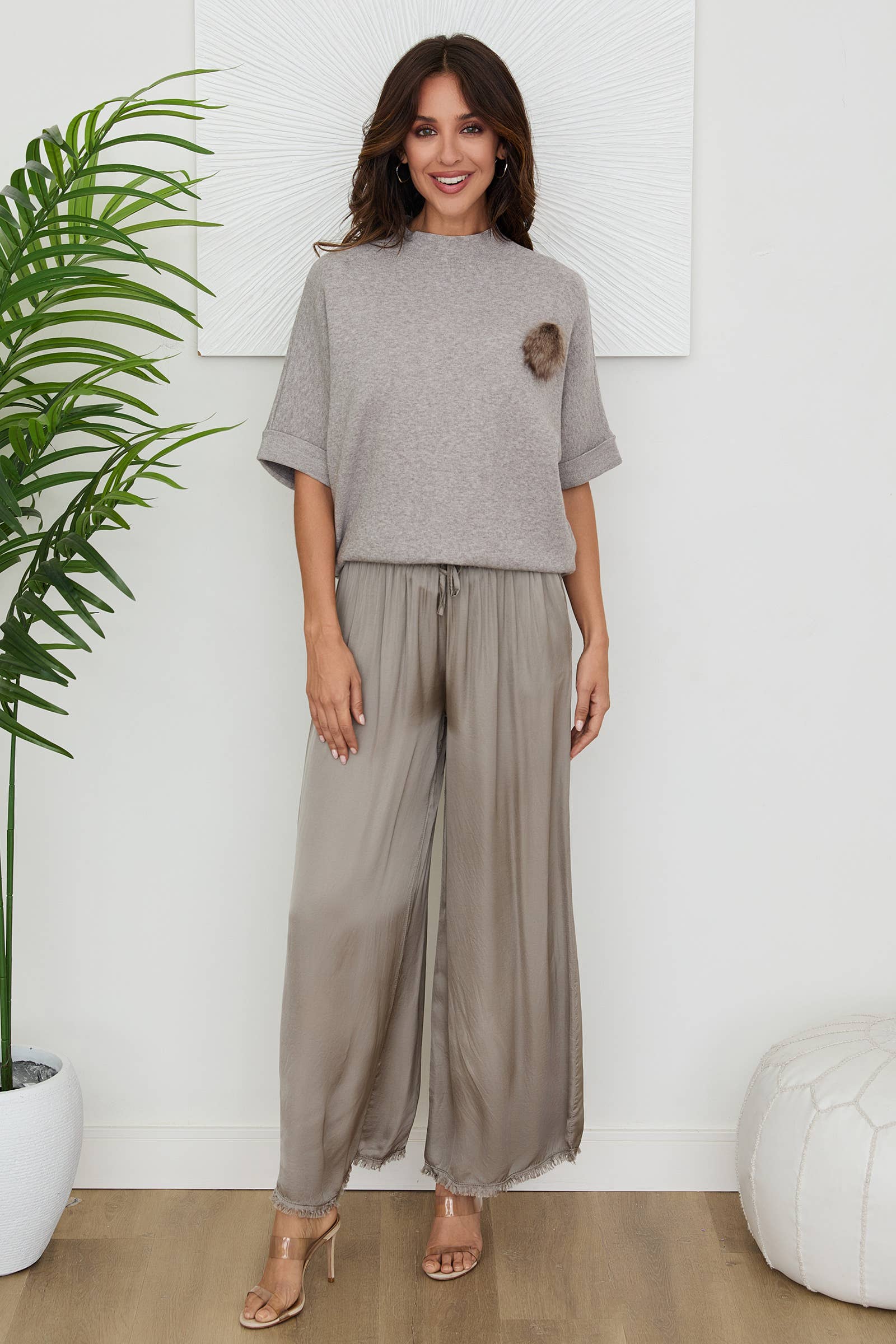 VENTI6 - Vendita all'ingrosso Pantalone - Donna - PANTALONI A GAMBA LARGA CON ORLO A FRANGE IN SETA ITALIANA (6109)30