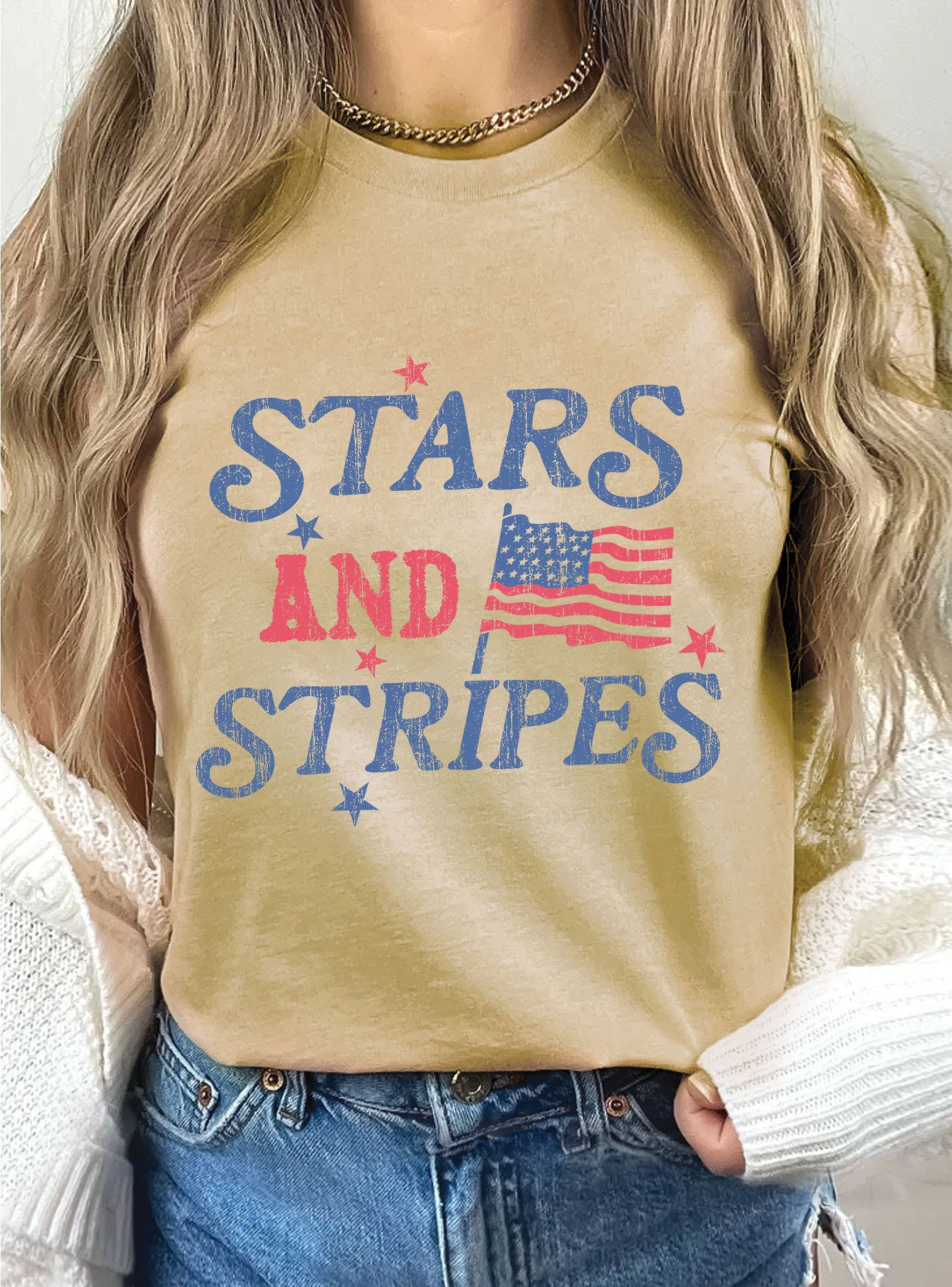 Rustee Clothing - Vendita all'ingrosso Maglietta serigrafata - Donna - MAGLIETTE CON GRAFICA A STELLE E BANDIERA, STRISCE5