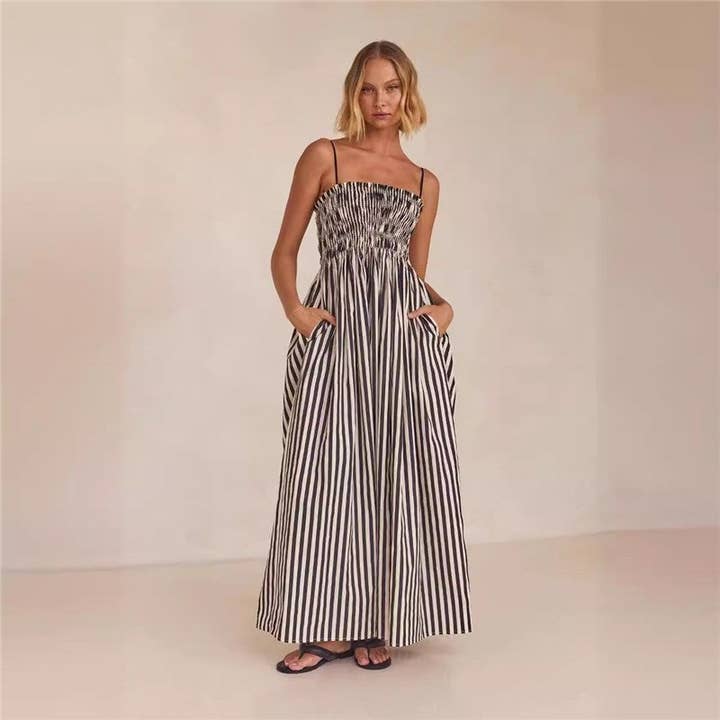 BLACK Striped Cami Maxi Dress With Pockets for wholesale on Faire