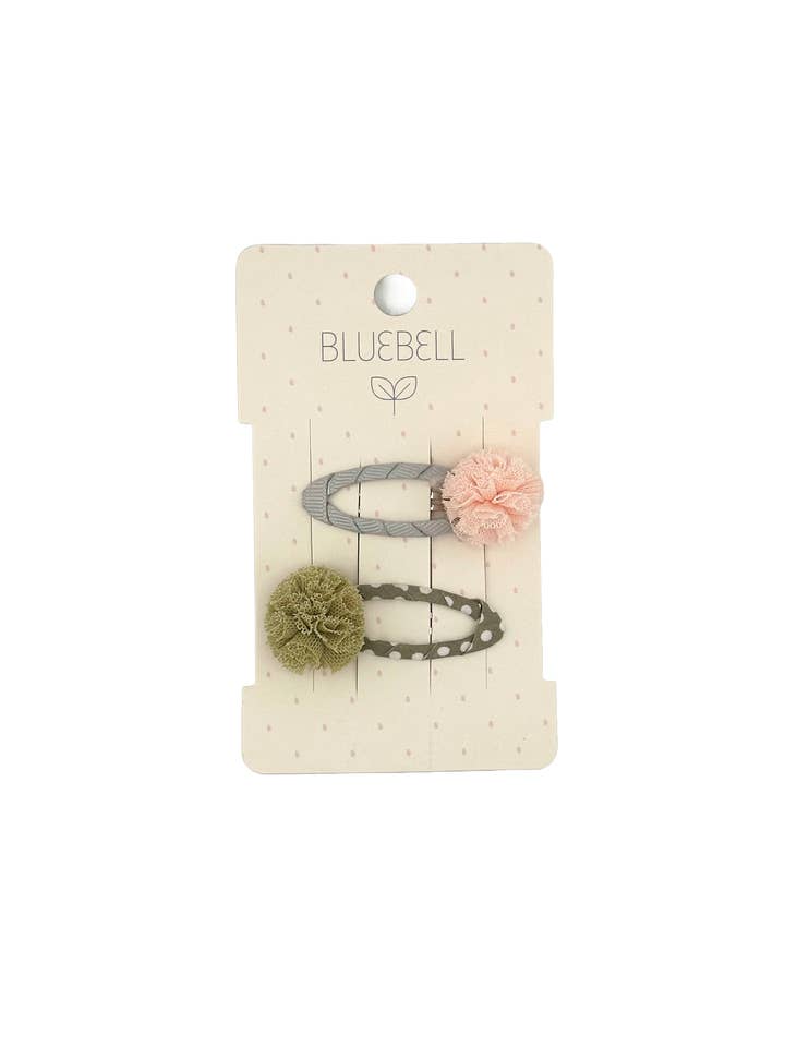 Pom Pom Flower clips - Pale Pink and Sage Green for wholesale by Bluebell Petite