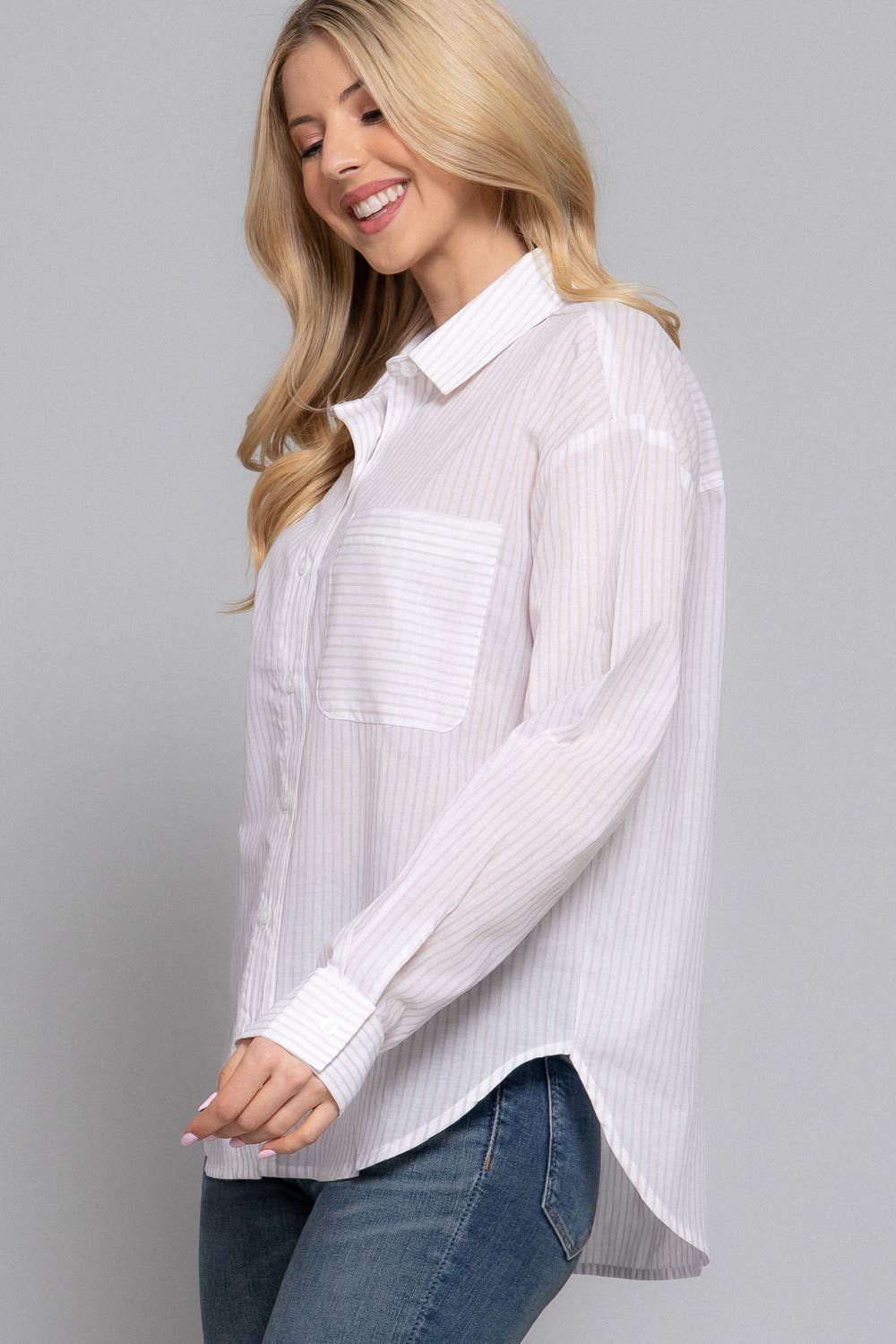 Active Basic | Active USA - Wholesale Button Down Shirt - Women's - Long Sleeve Y/D Stripe Voile Shirt13