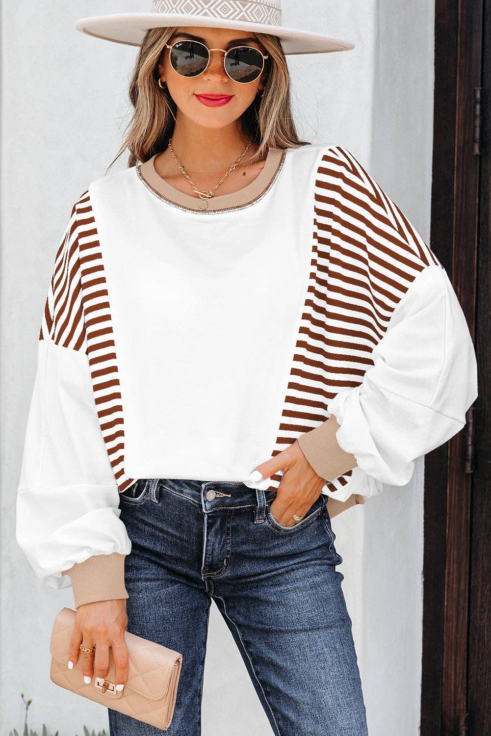 Brown Stripe Colorblock Patchwork Contrast Stitching Oversize Sweatshirt for wholesale on Faire0