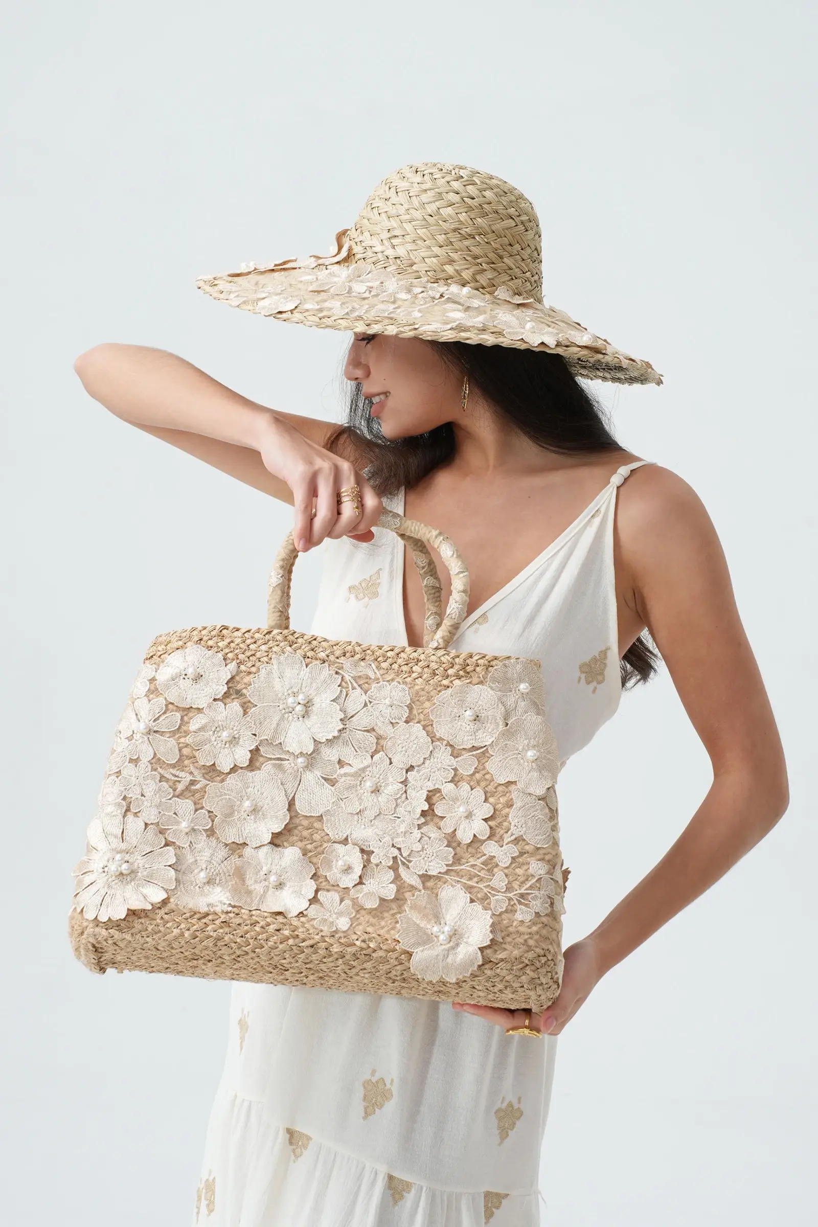 PHANIE MODE – Chapéu de palha – Mulher por atacado – Chapéu de palha com renda e pérolas H292620