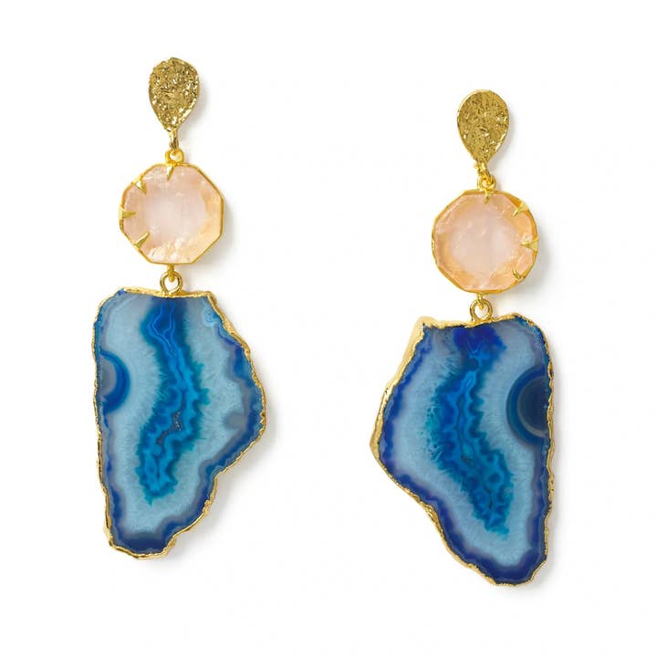 YAA YAA LONDON Orecchini a lobo con pietra di quarzo rosa - Blu per la vendita all'ingrosso da parte di YAA YAA LONDON