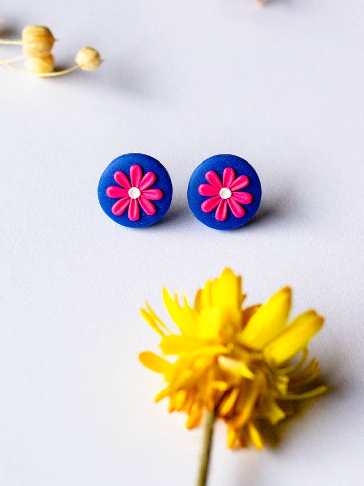 Small Daisy Flower Cobalt Blue and Hot Pink Polymer Clay Stud Earrings for wholesale by Slow Day Studios