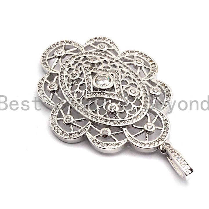 BestBeads&Beyond - Wholesale Individual Charm/Pendant - CZ Clear/Black Micro Pave Symmetric Filigree Flower Pendant, Gold/Rose Gold/Silver/Gunmetal plated, 34x45mm, Sku#F787