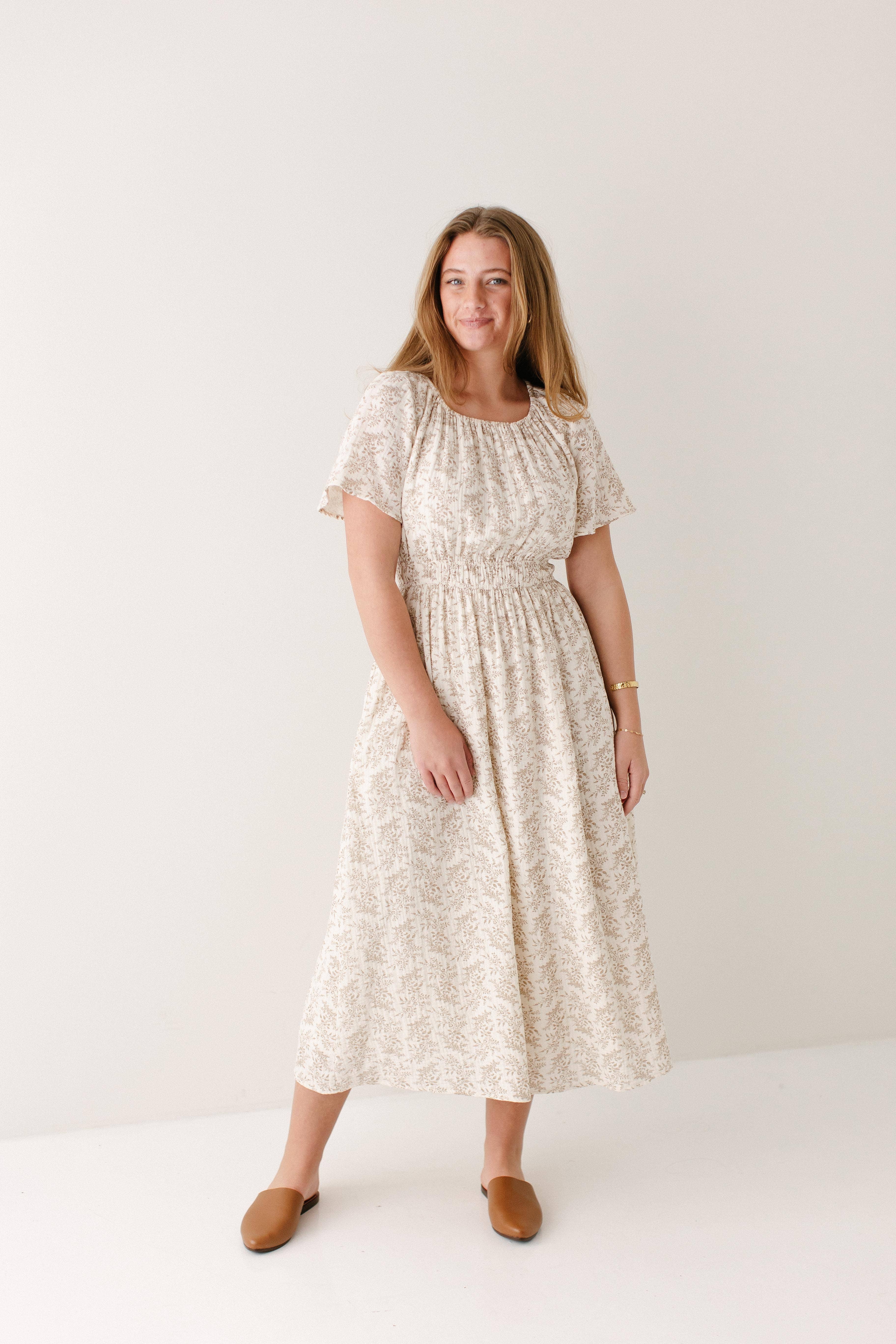 Ivory 'Cynthia' Botanical Print Cotton Gauze Midi Dress for wholesale on Faire0