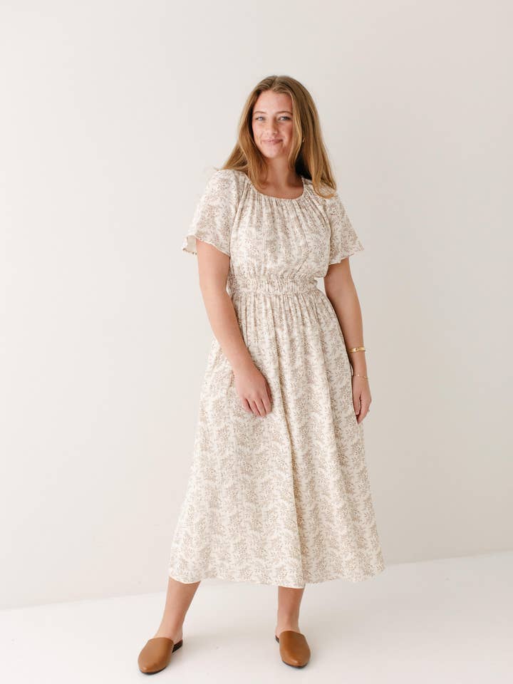 Ivory 'Cynthia' Botanical Print Cotton Gauze Midi Dress for wholesale on Faire