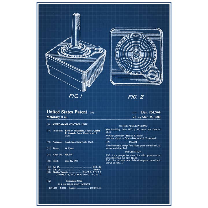 Joystick Video Game Gaming Official Patent Blueprint Wall Art for wholesale by Gotham Gifts
