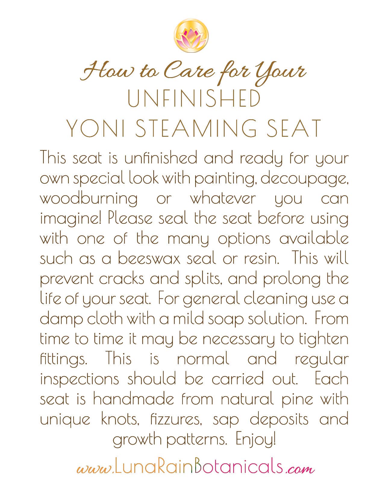 Luna Rain Botanicals - Venta al por mayor Taburete - Asiento para vapor Yoni sin terminar con o sin patas removibles6