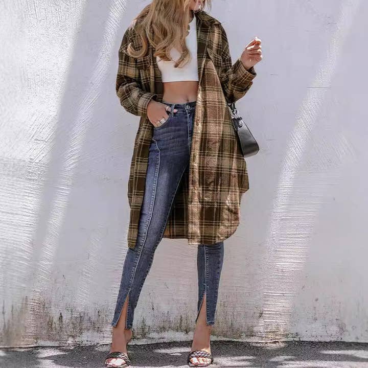Coffee color Woolen Plaid Lapel Loose Coat for Women for wholesale on Faire4