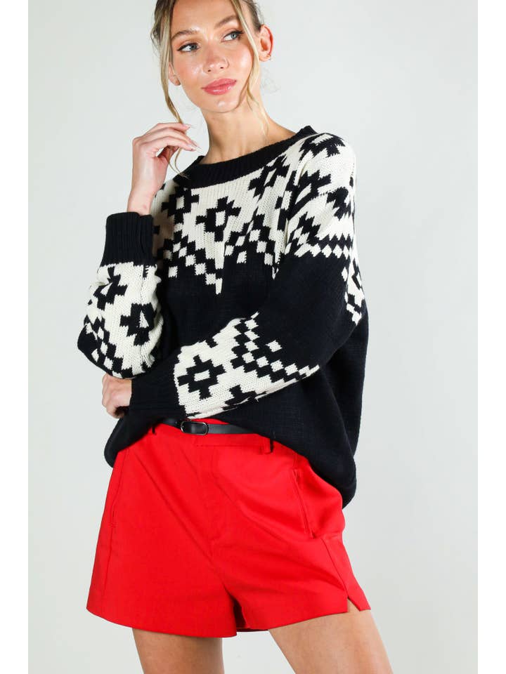 Vine & Love - Wholesale Knit Sweater - Women's - Crew Neck Aztec Patterned Knitted Sweater Top VT81548